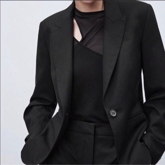 Zara Single Breasted Black Long Classic Fit Blazer Jacket Shoulder Pads Size 10 - Picture 1 of 14
